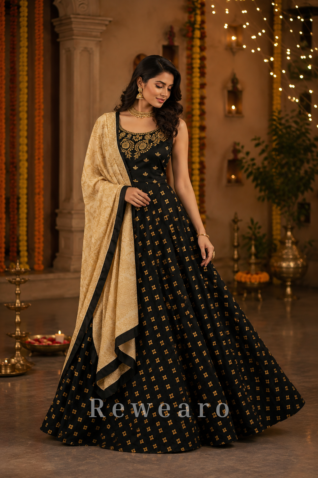 Black and Gold Embroidered Lehenga Set with Floral Jacquard Dupatta