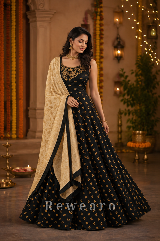 Black and Gold Embroidered Lehenga Set with Floral Jacquard Dupatta