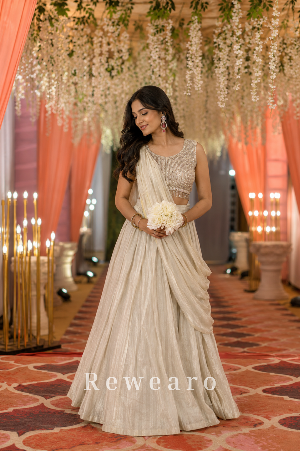 Ivory Embroidered Lehenga with Textured Blouse & Draped Dupatta