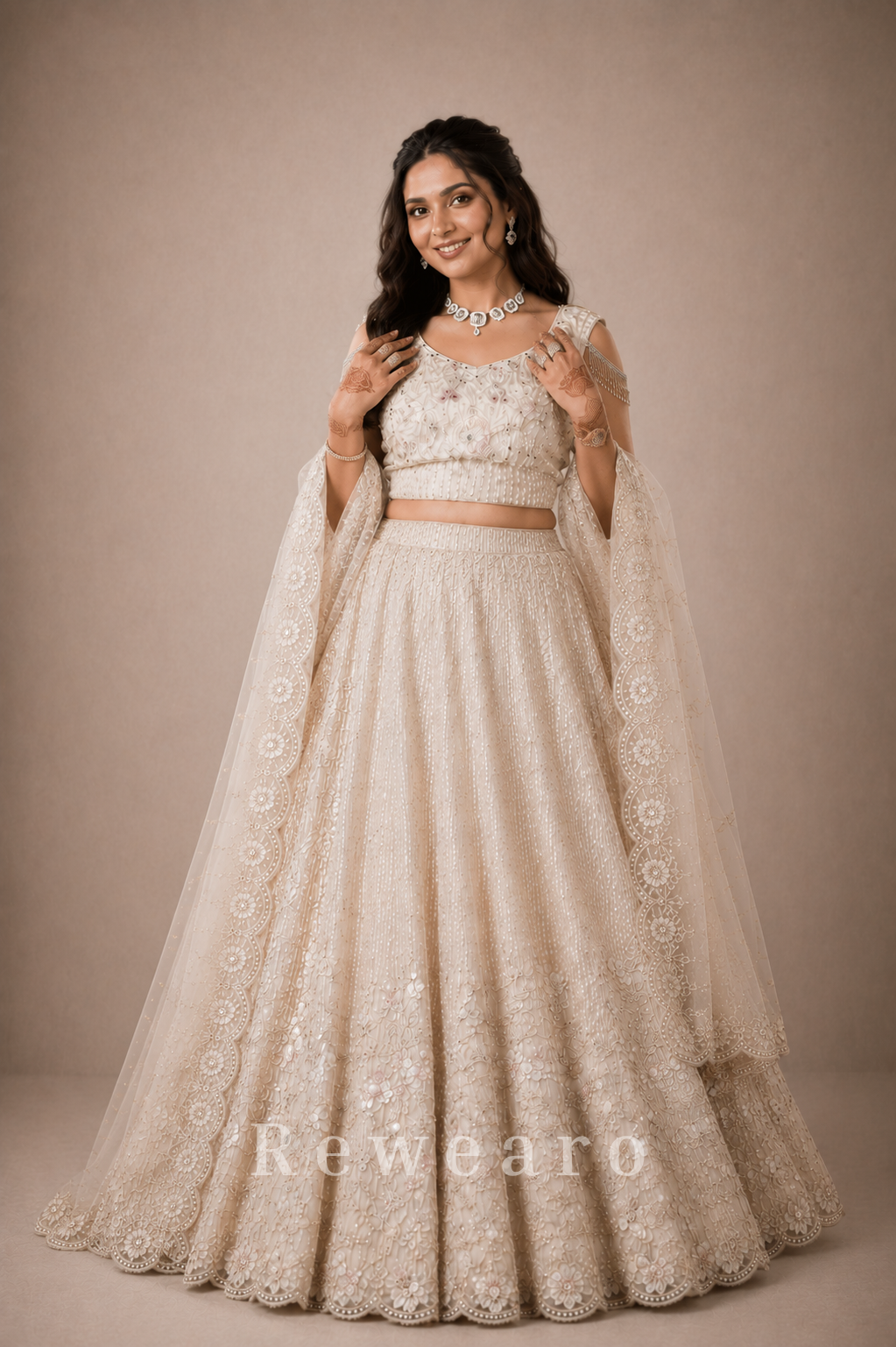 Ivory Embroidered Sider Gown with Floral Net Dupatta