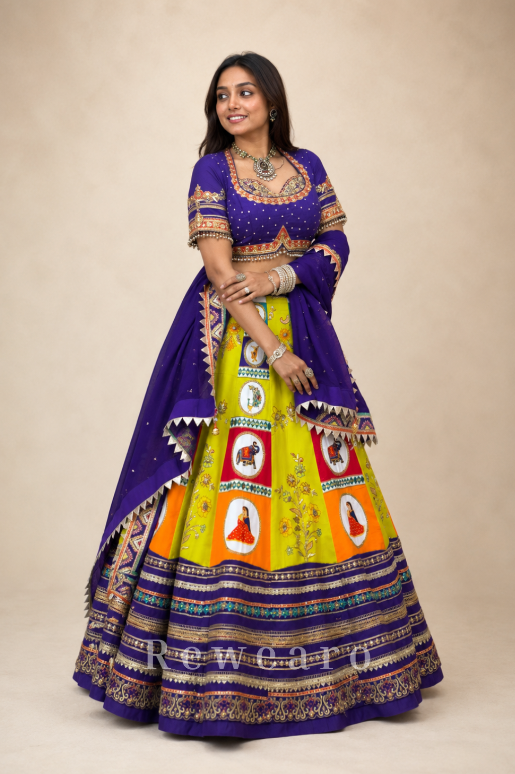 Vibrant Folk Art Patchwork Lehenga Set with Royal Blue Embroidered Blouse & Dupatta