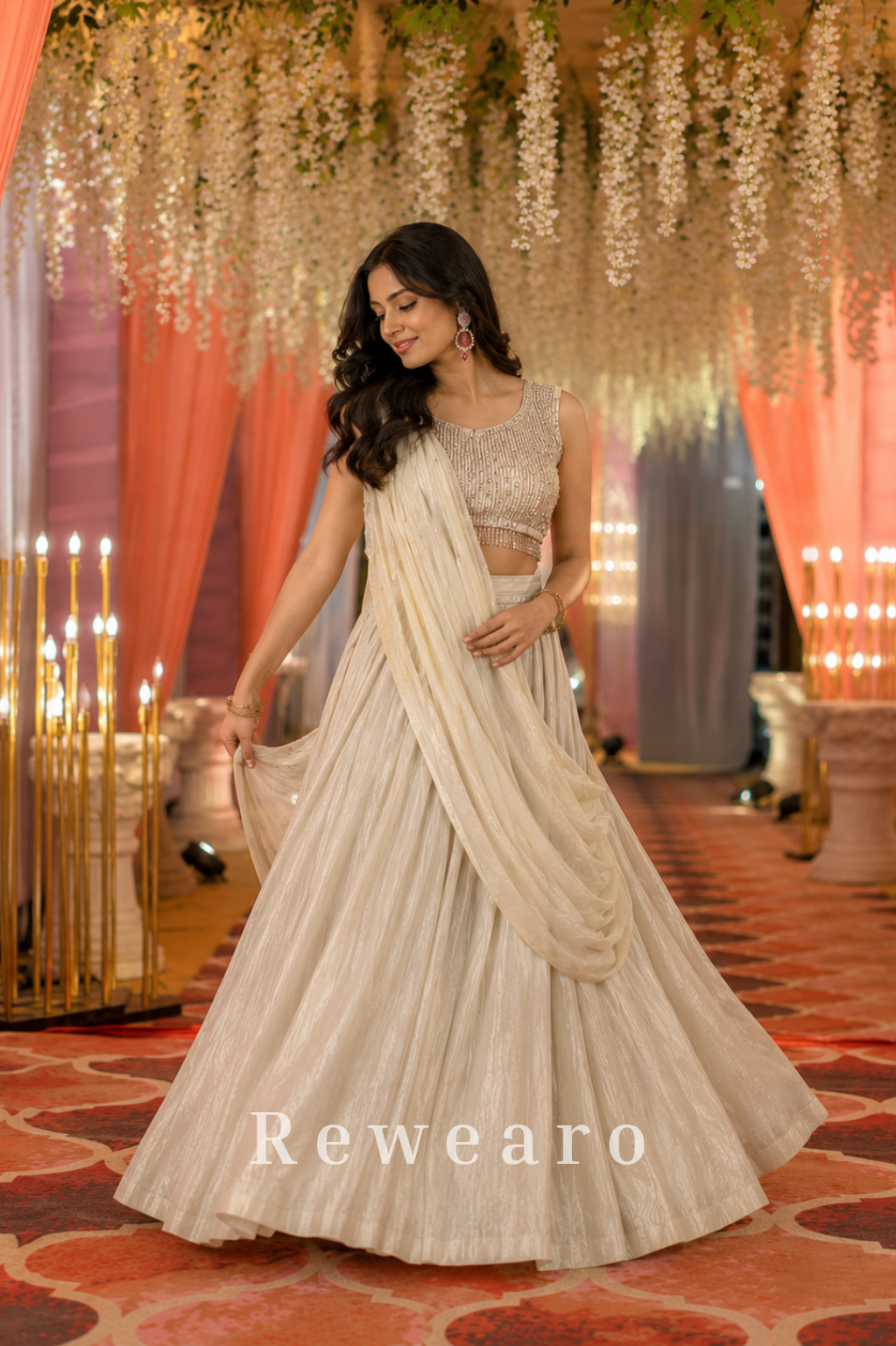 Ivory Embroidered Lehenga with Textured Blouse & Draped Dupatta