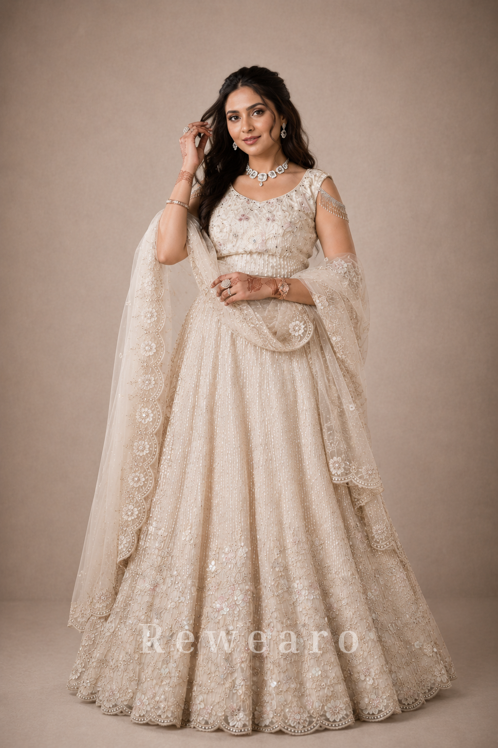 Ivory Embroidered Sider Gown with Floral Net Dupatta