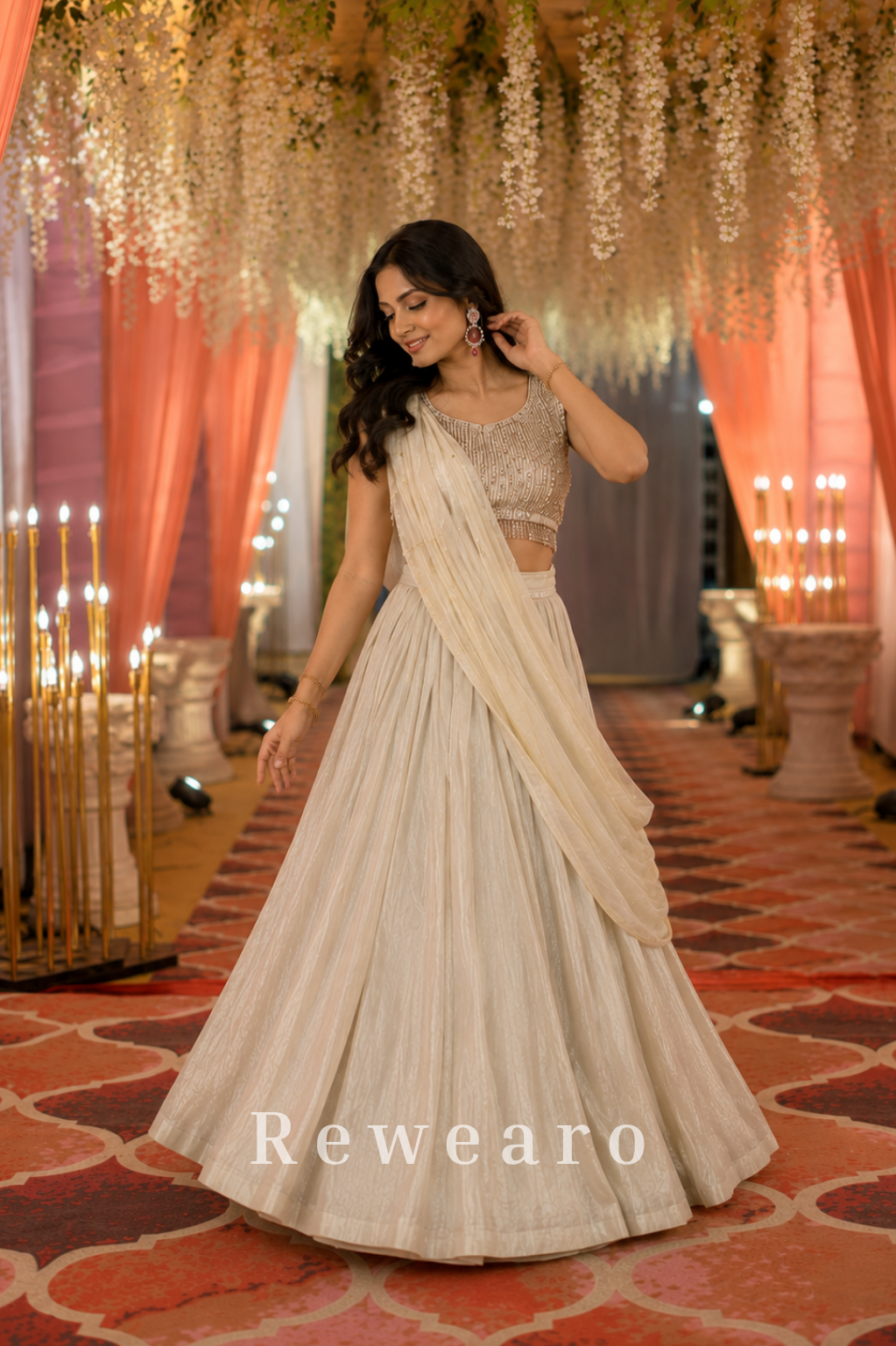 Ivory Embroidered Lehenga with Textured Blouse & Draped Dupatta