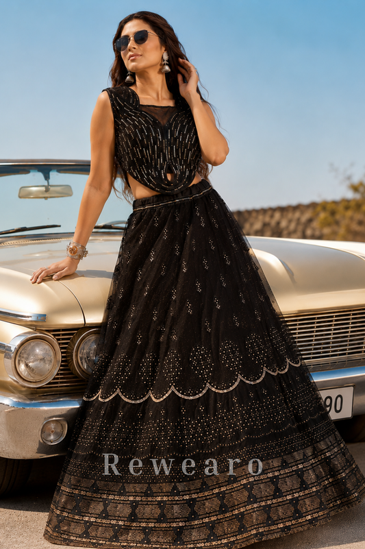 Midnight Black Couture Lehenga Set with Sculpted Sequined Blouse and Layered Embellished Skirt