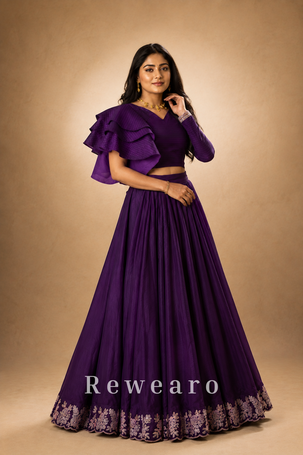 Royal Amethyst Ruffle Blouse with Flowing Purple Embroidered Lehenga