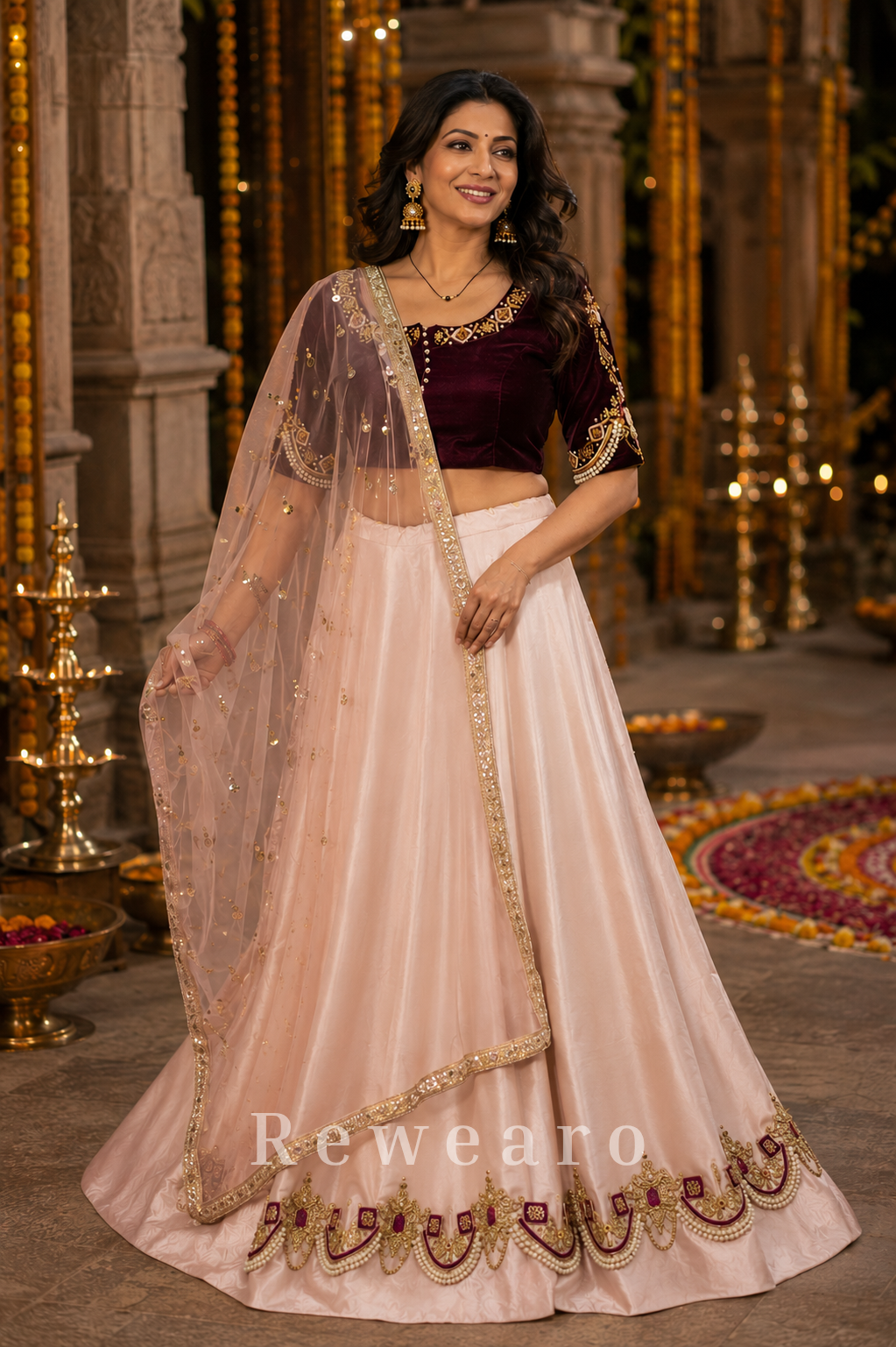 Blush Ivory Silk Lehenga Set with Wine Velvet Embroidered Blouse and Net Dupatta