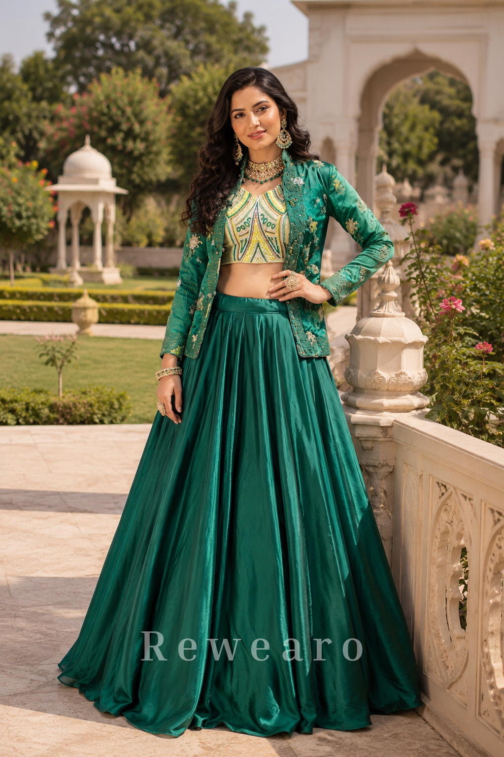 Emerald Embroidered Jacket Style Lehenga Set with Geometric Mirror Work Blouse