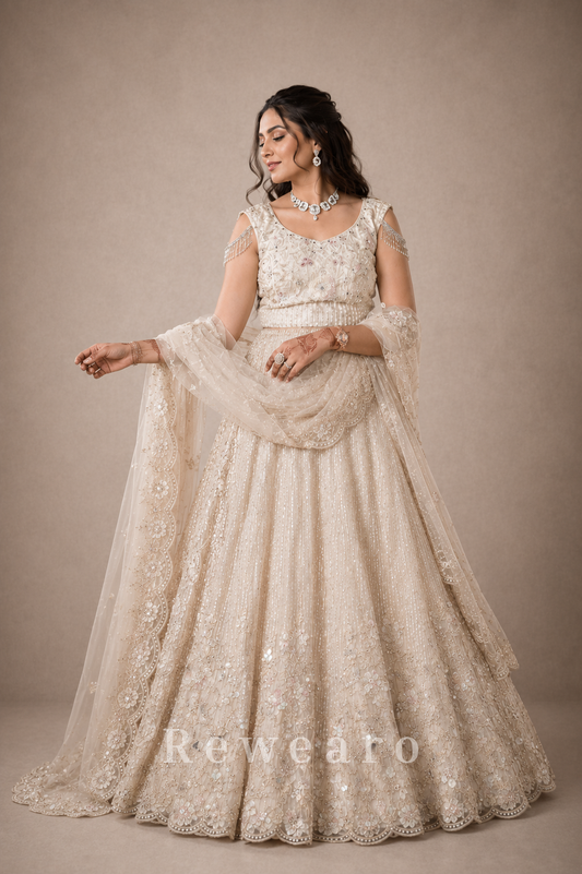 Ivory Embroidered Sider Gown with Floral Net Dupatta