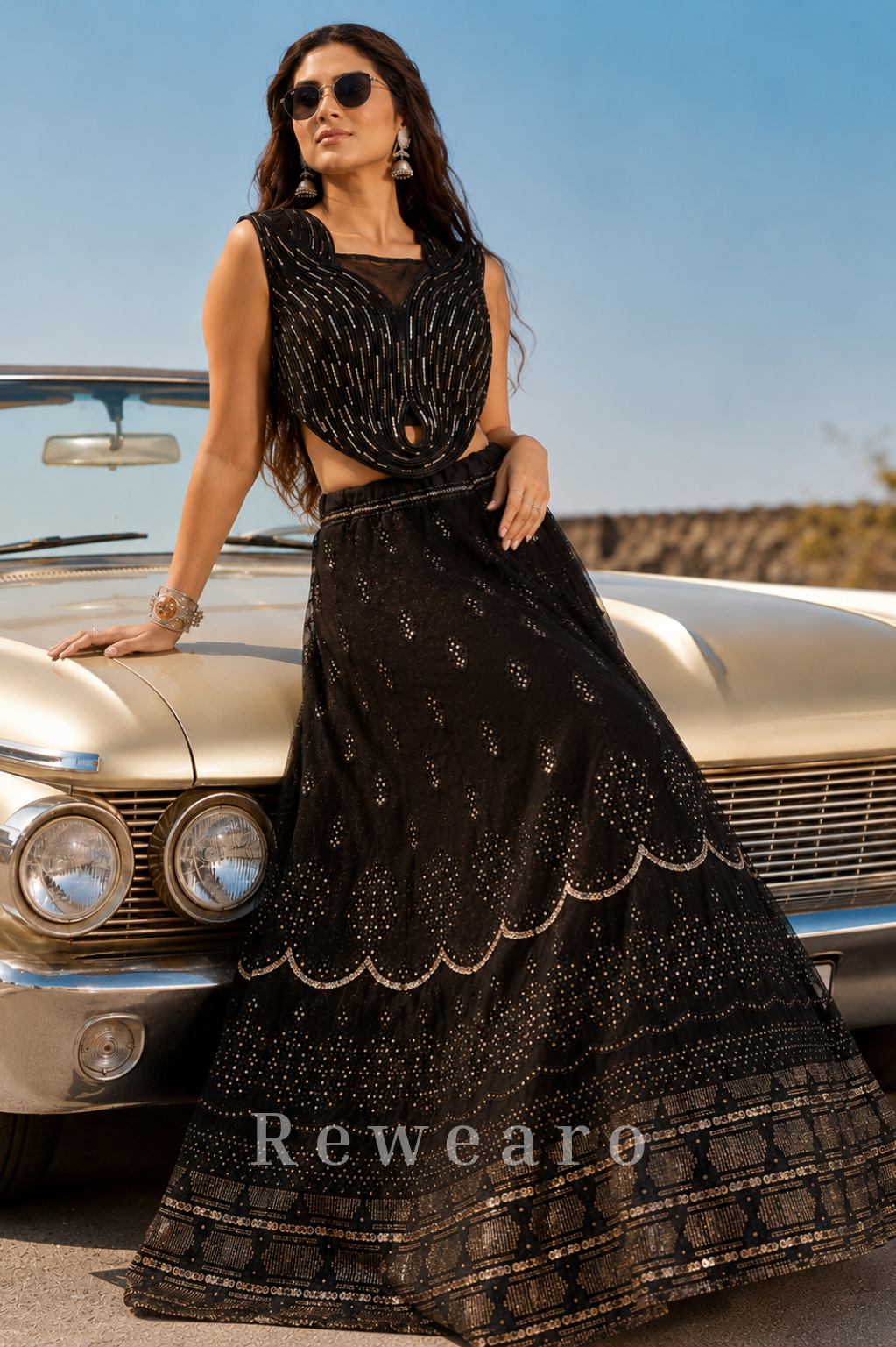 Midnight Black Couture Lehenga Set with Sculpted Sequined Blouse and Layered Embellished Skirt