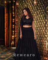 Black Embroidered Choli with Tiered Lehenga & Sheer Dupatta