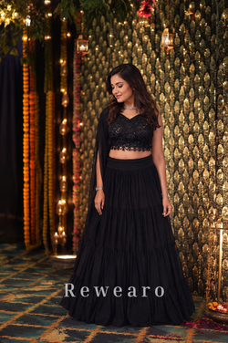 Black Embroidered Choli with Tiered Lehenga & Sheer Dupatta