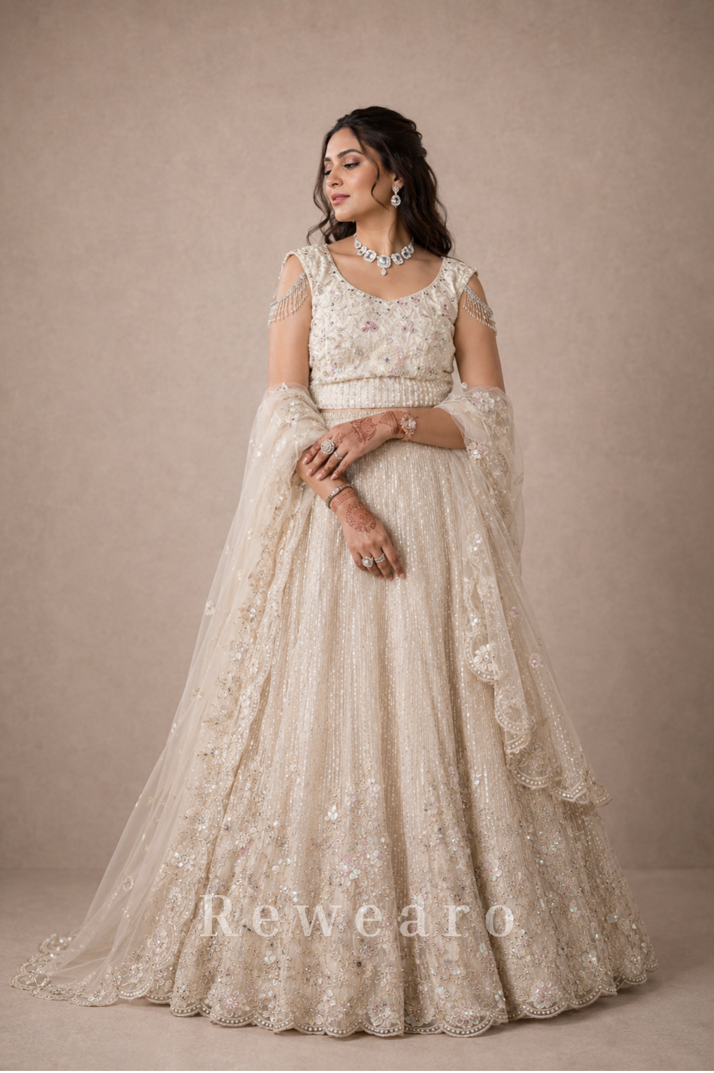 Ivory Embroidered Sider Gown with Floral Net Dupatta
