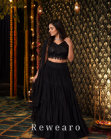 Black Embroidered Choli with Tiered Lehenga & Sheer Dupatta