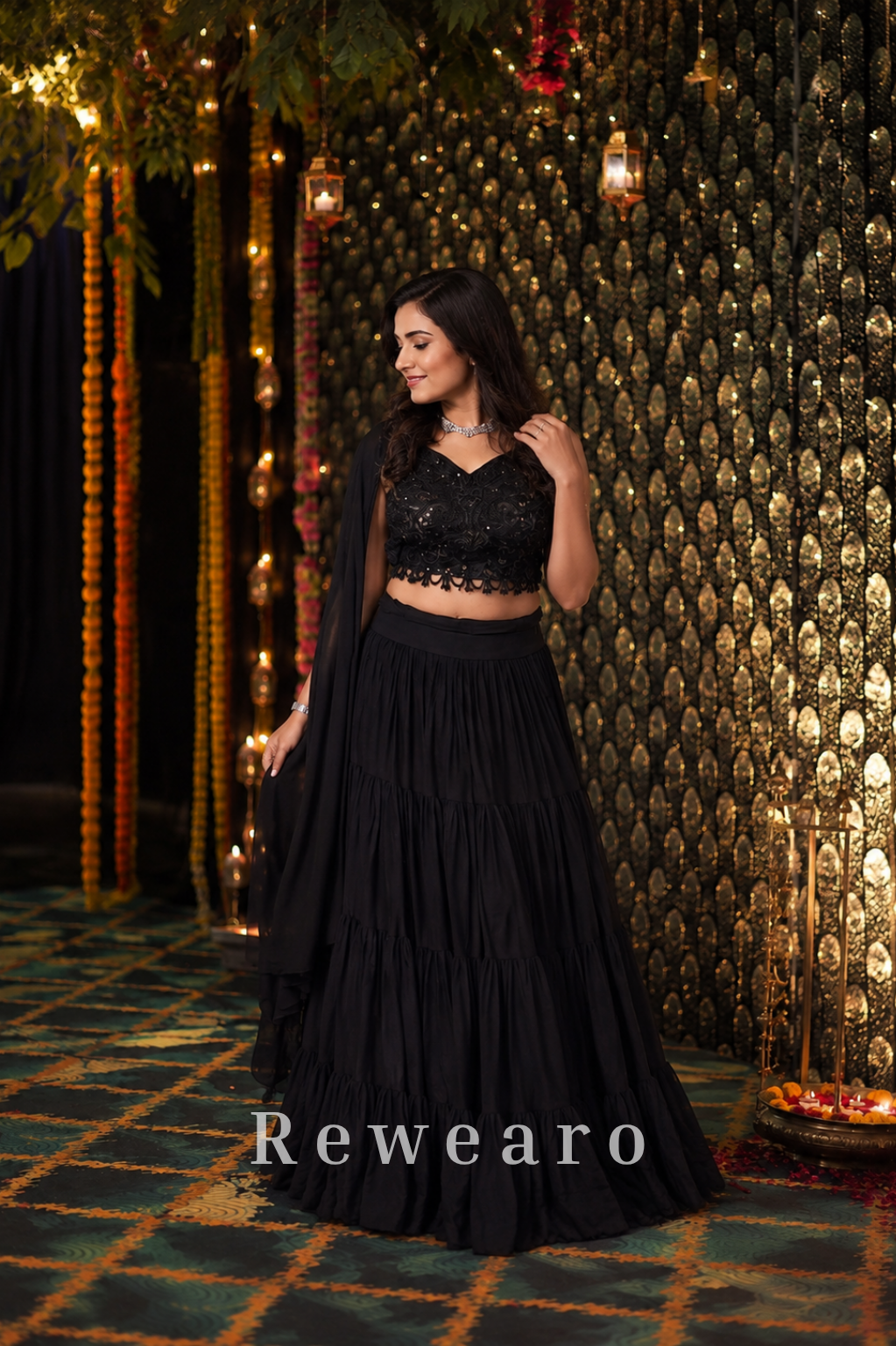 Black Embroidered Choli with Tiered Lehenga & Sheer Dupatta