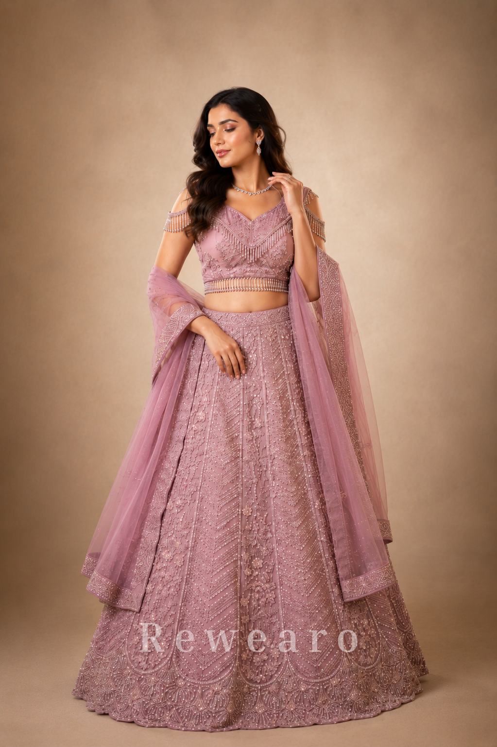 Blush Pink Hand-Embroidered Sequins Lehenga Set with Net Dupatta