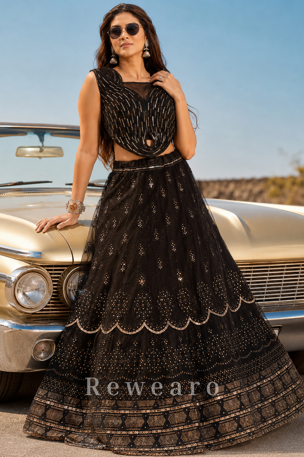 Midnight Black Couture Lehenga Set with Sculpted Sequined Blouse and Layered Embellished Skirt