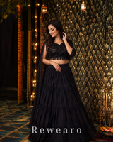 Black Embroidered Choli with Tiered Lehenga & Sheer Dupatta