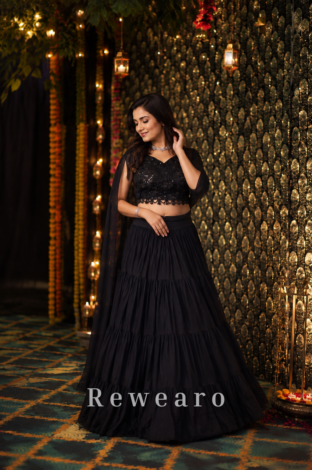 Black Embroidered Choli with Tiered Lehenga & Sheer Dupatta