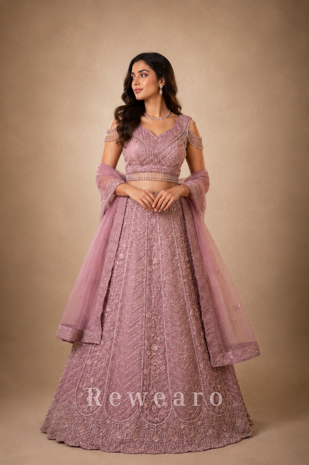 Blush Pink Hand-Embroidered Sequins Lehenga Set with Net Dupatta