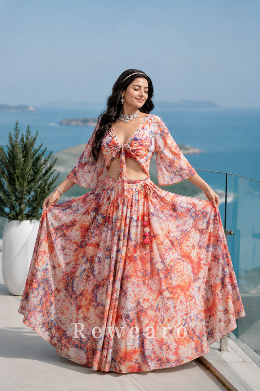 Coastal Bloom Printed Resort Lehenga Set with Tie-Front Cape Blouse and Flared Floral Skirt