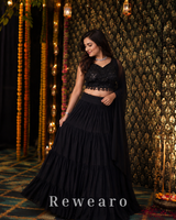 Black Embroidered Choli with Tiered Lehenga & Sheer Dupatta