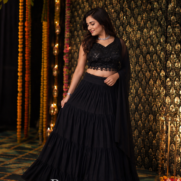 Crafted Detailing - Black Embroidered Choli with Tiered Lehenga & Sheer Dupatta