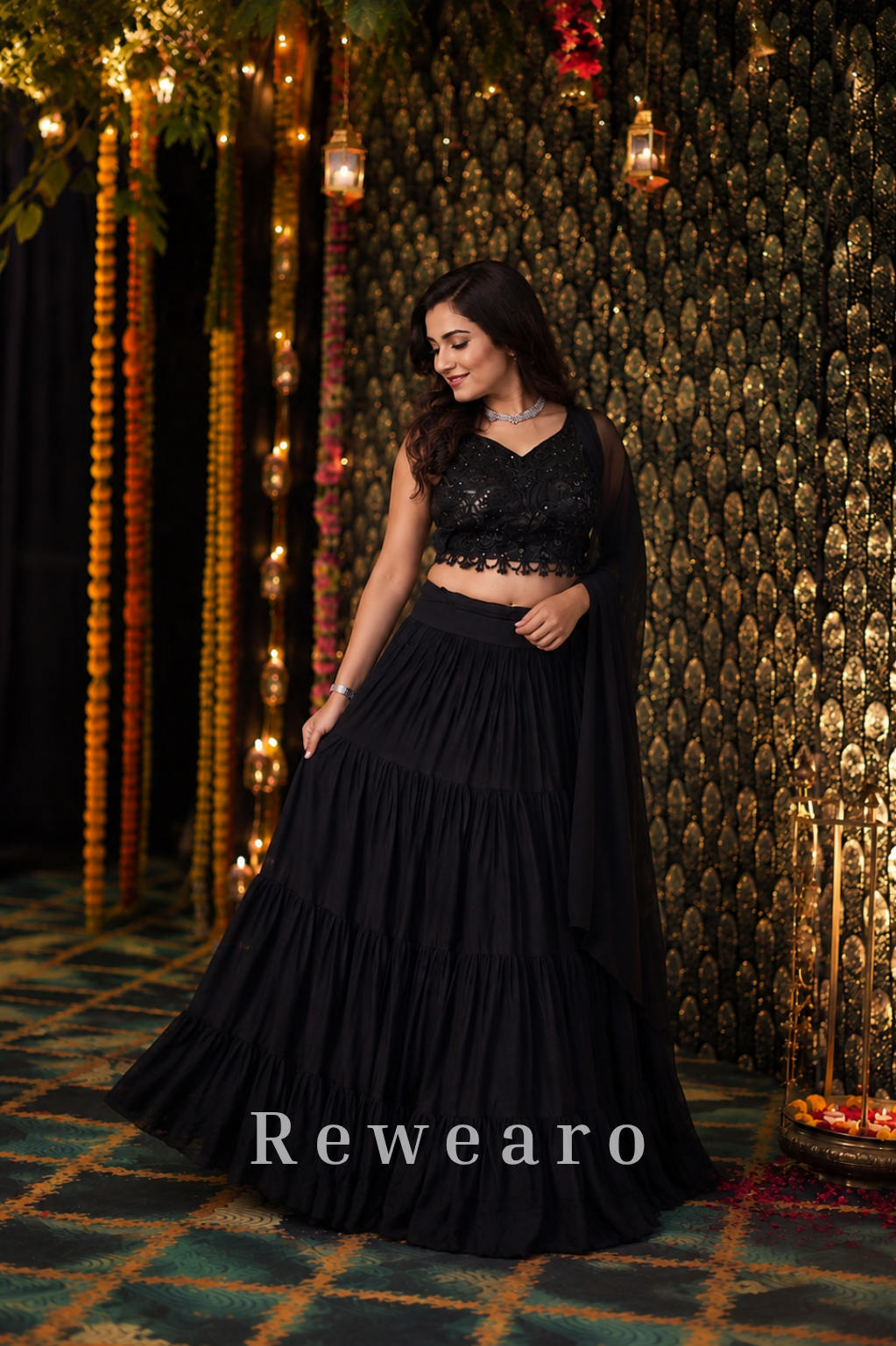 Black Embroidered Choli with Tiered Lehenga & Sheer Dupatta