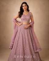 Blush Pink Hand-Embroidered Sequins Lehenga Set with Net Dupatta