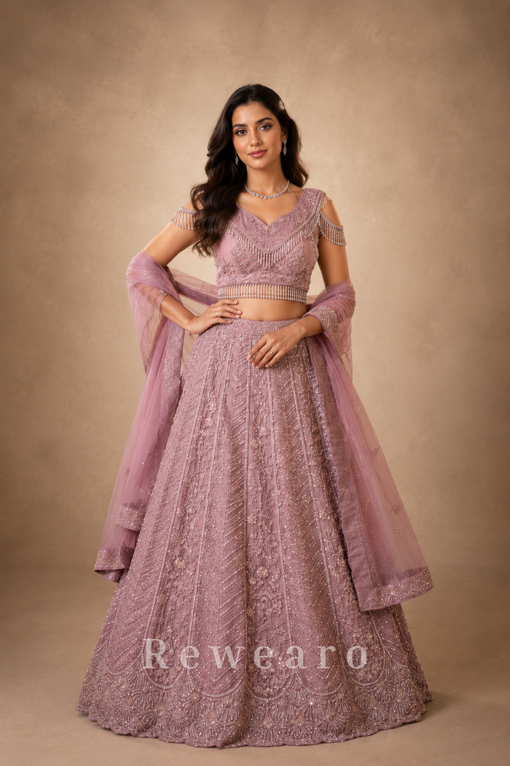 Blush Pink Hand-Embroidered Sequins Lehenga Set with Net Dupatta