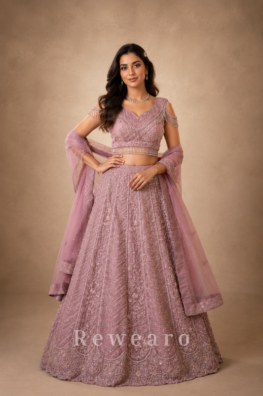 Blush Pink Hand-Embroidered Sequins Lehenga Set with Net Dupatta