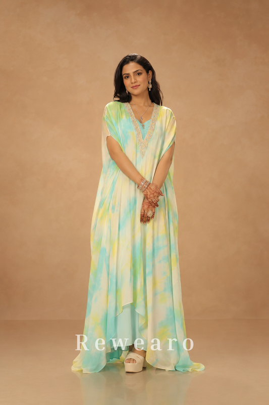 Aqua Tie-Dye Kaftan with Embellished Neckline & Flowing Cape Drape