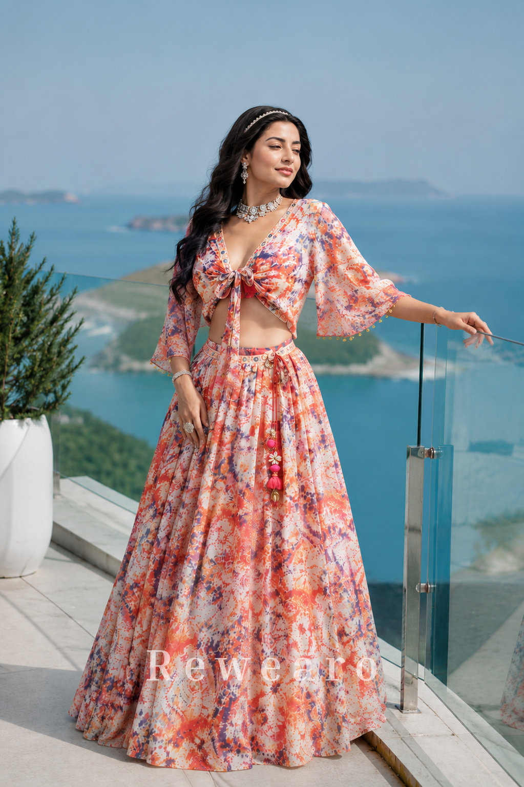 Coastal Bloom Printed Resort Lehenga Set with Tie-Front Cape Blouse and Flared Floral Skirt
