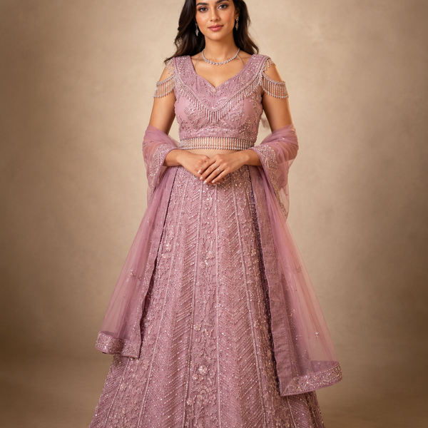 Crafted Detailing - Blush Pink Hand-Embroidered Sequins Lehenga Set with Net Dupatta