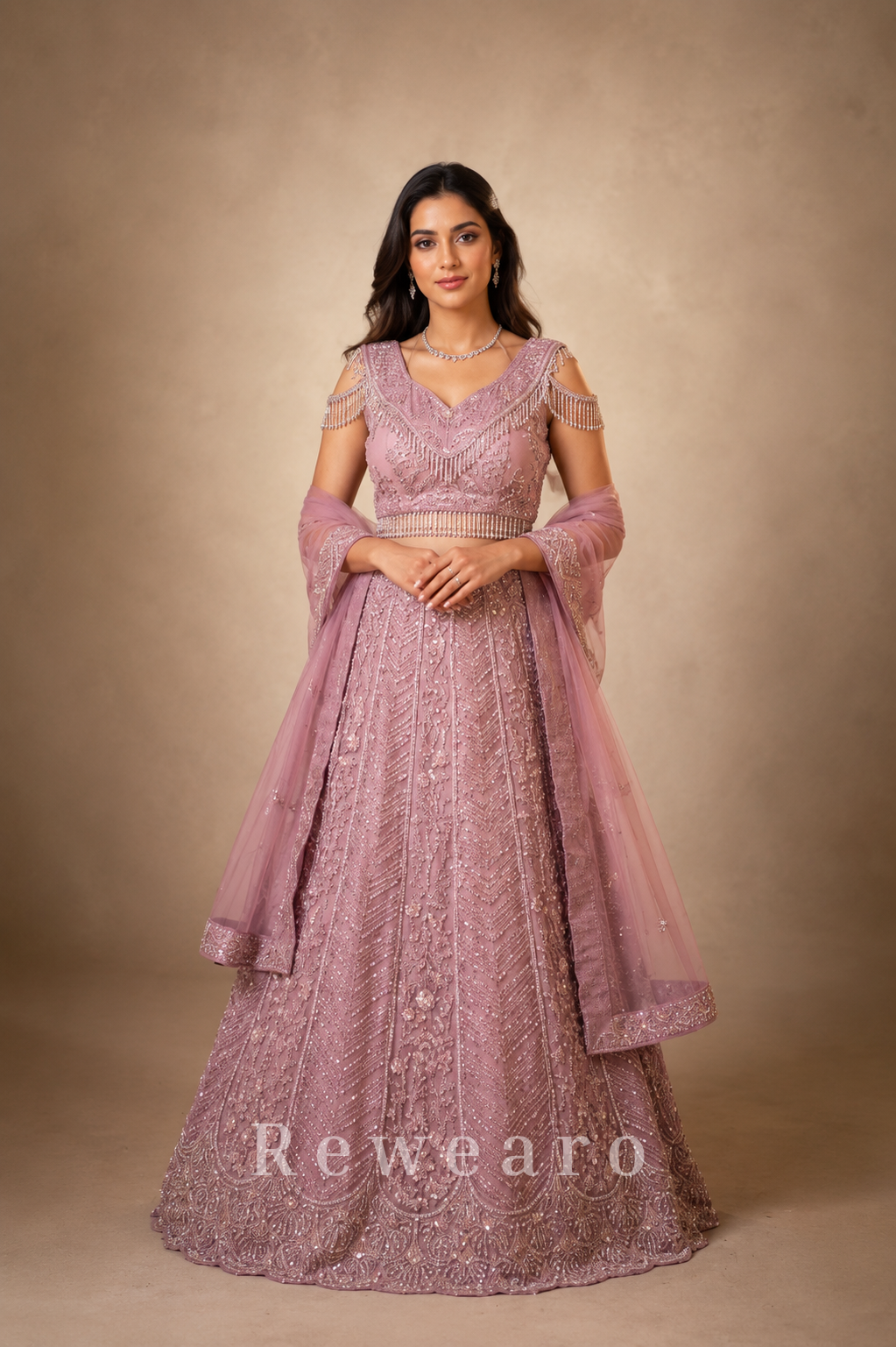 Blush Pink Hand-Embroidered Sequins Lehenga Set with Net Dupatta