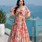 Coastal Bloom Printed Resort Lehenga Set with Tie-Front Cape Blouse and Flared Floral Skirt