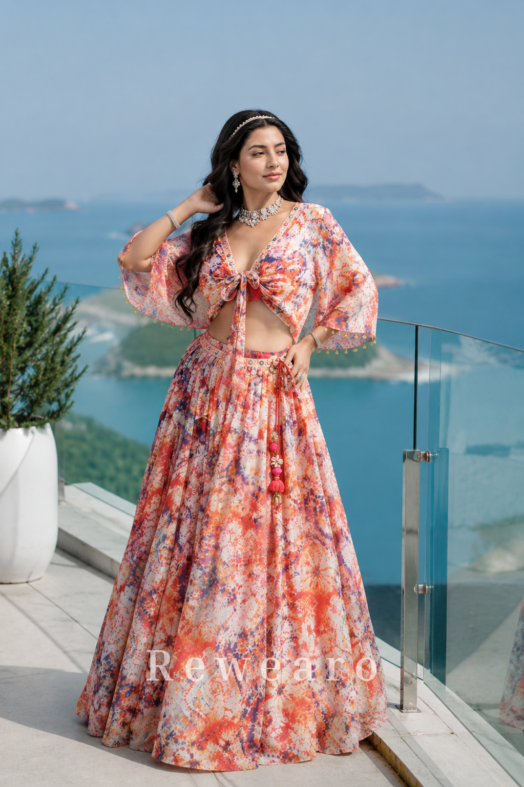 Coastal Bloom Printed Resort Lehenga Set with Tie-Front Cape Blouse and Flared Floral Skirt