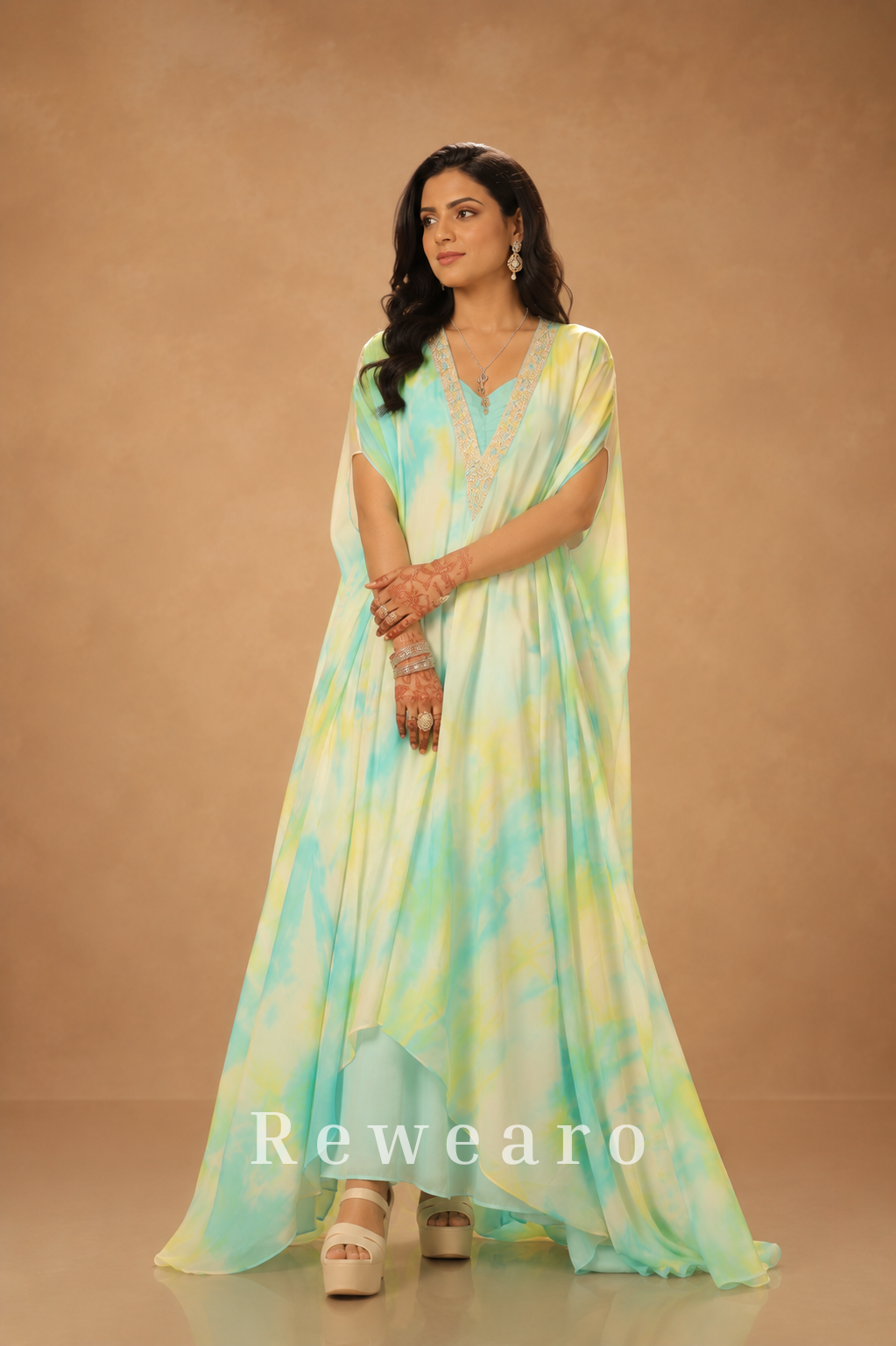 Aqua Tie-Dye Kaftan with Embellished Neckline & Flowing Cape Drape