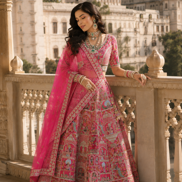 Crafted Detailing - Rani Pink Heritage Storywork Bridal Lehenga with Embroidered Dupatta