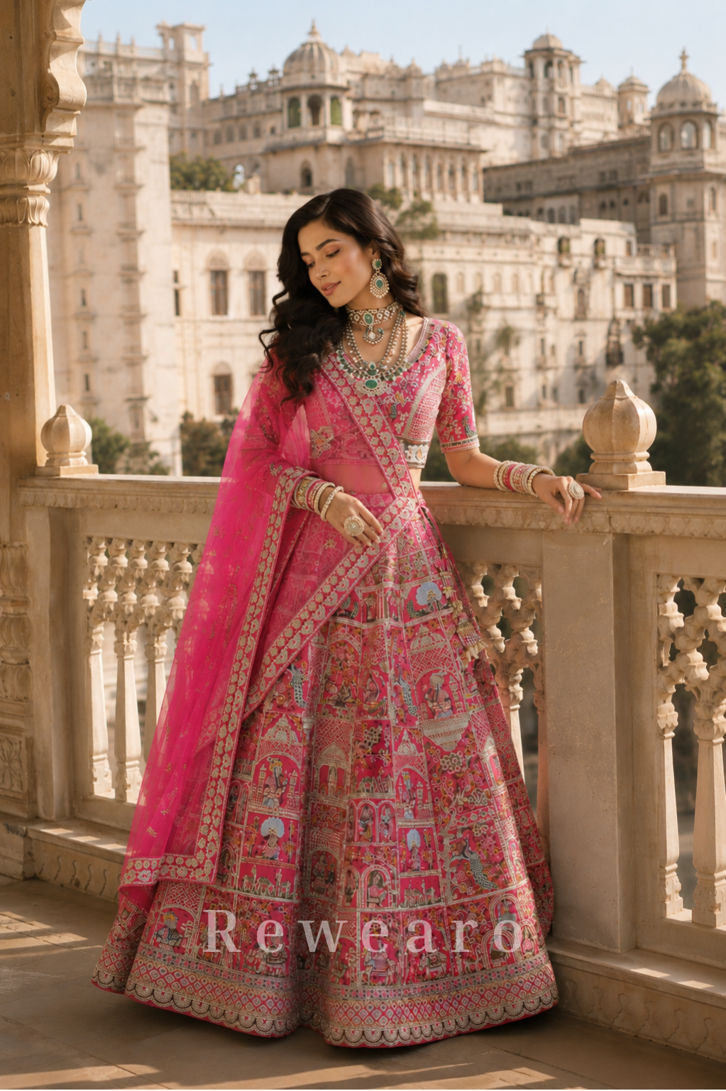 Rani Pink Heritage Storywork Bridal Lehenga with Embroidered Dupatta