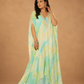 Aqua Tie-Dye Kaftan with Embellished Neckline & Flowing Cape Drape