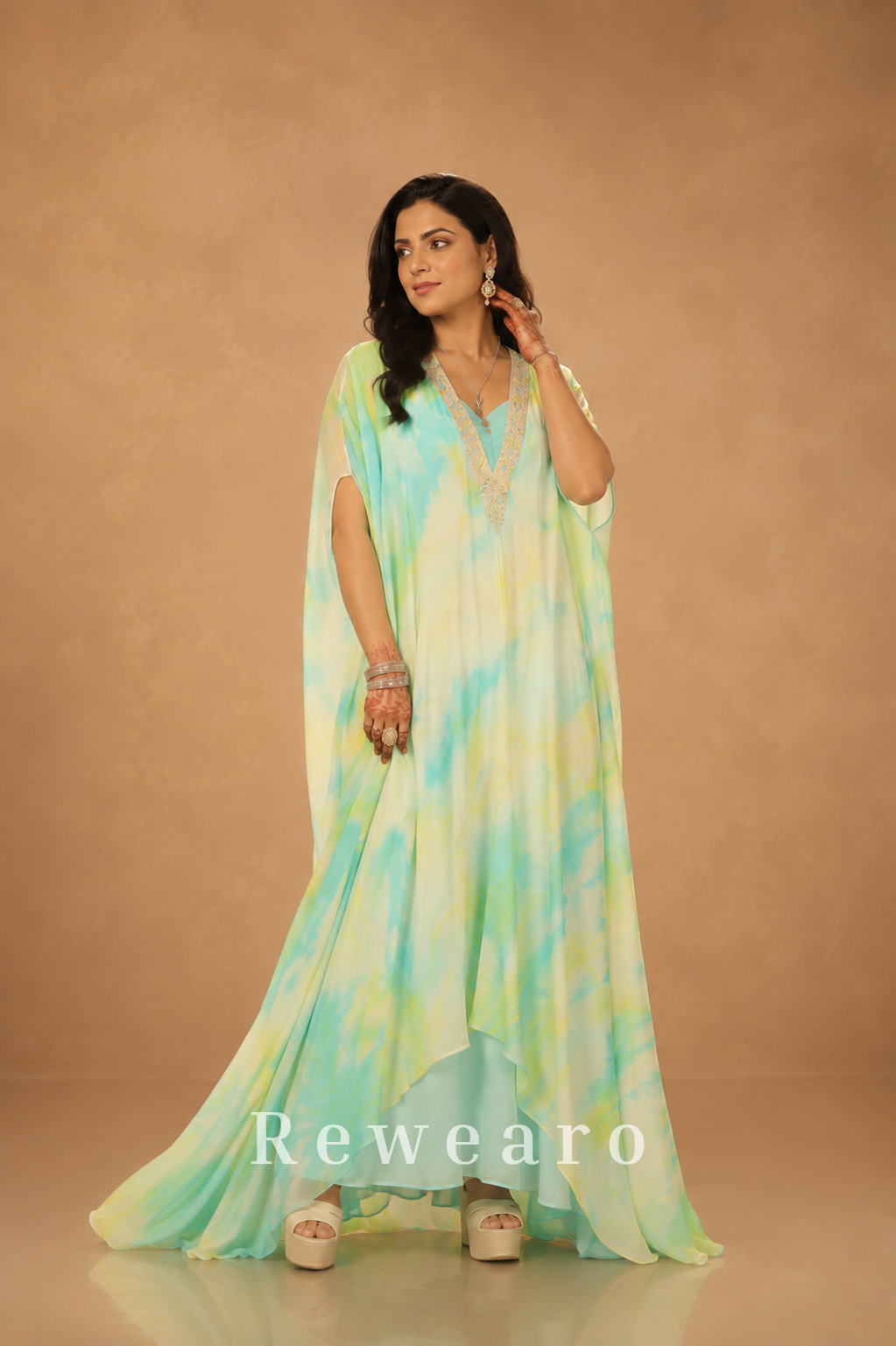 Aqua Tie-Dye Kaftan with Embellished Neckline & Flowing Cape Drape