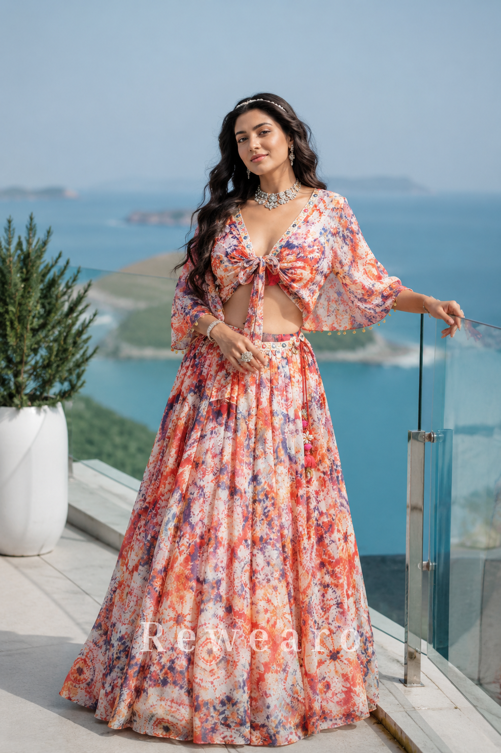 Coastal Bloom Printed Resort Lehenga Set with Tie-Front Cape Blouse and Flared Floral Skirt