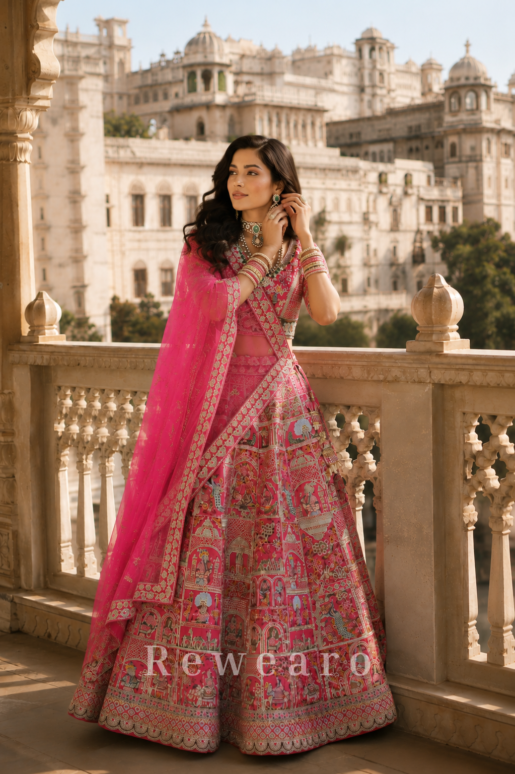 Rani Pink Heritage Storywork Bridal Lehenga with Embroidered Dupatta
