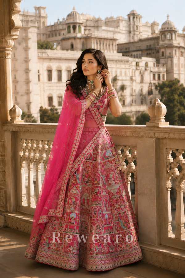 Rani Pink Heritage Storywork Bridal Lehenga with Embroidered Dupatta - View 2
