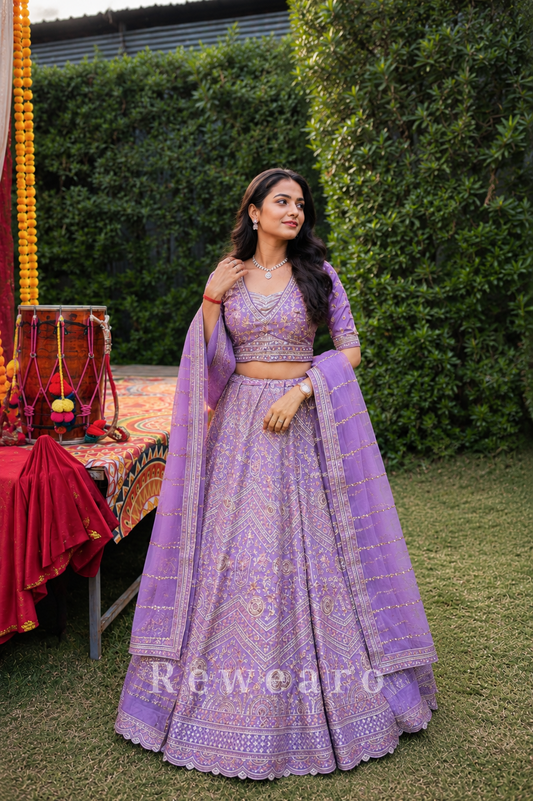 Amethyst Rajsi Zari Lehenga Set with Regal Geometric Heritage Embroidery