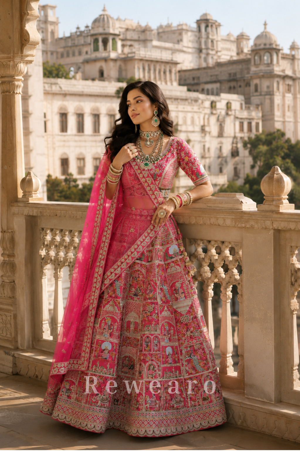 Rani Pink Heritage Storywork Bridal Lehenga with Embroidered Dupatta