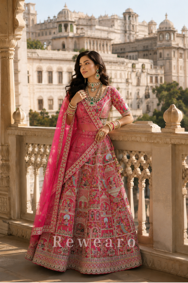 Rani Pink Heritage Storywork Bridal Lehenga with Embroidered Dupatta - View 3