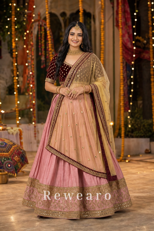 Rose Pink Lehenga with Maroon Embroidered Blouse & Antique Dupatta