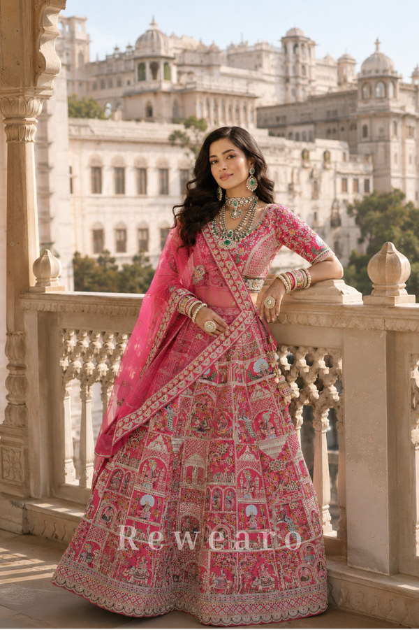 Rani Pink Heritage Storywork Bridal Lehenga with Embroidered Dupatta